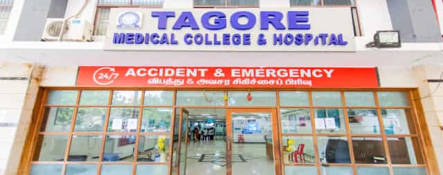 Front facade of Tagore Medical College and Hospital, Chennai, with the 24/7 Accident & Emergency entrance signage