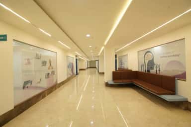 Corridor of the AIMS skill and simulation centre with clinical learning displays