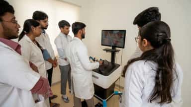 Students observing a laparoscopy simulation demonstration at the AIMS skill centre