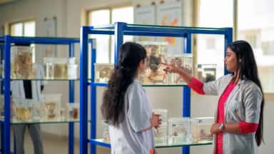 Students studying specimens in the anatomy museum at Akash Institute of Medical Sciences, Devanahalli