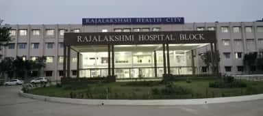 Rajalakshmi Hospital Block of Annaii Medical College and Hospital lit at dusk