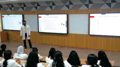 Multi-screen smart classroom during an anatomy lecture at BGS Medical College and Hospital