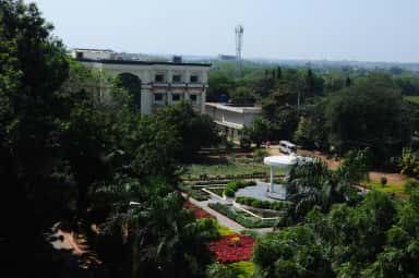 Aerial view of the landscaped Bhaskar Medical College campus at Yenkapally with gardens and gazebo