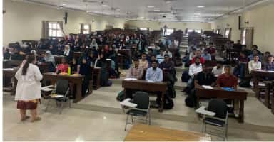 MBBS students in a tiered lecture hall at Deccan College of Medical Sciences, Hyderabad