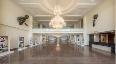 CDSIMER lobby with the founder-history exhibition and chandelier