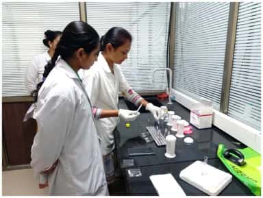 Students working at the bench in a teaching laboratory at Dr. M.K. Shah Medical College & Research Centre, Ahmedabad