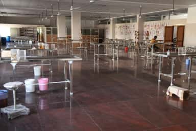 Anatomy dissection hall with dissection tables, skeleton models and anatomy charts at East Point College of Medical Sciences, Bengaluru