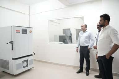 Blood centre laboratory at FAME Hospital with deep freezer and viewing window