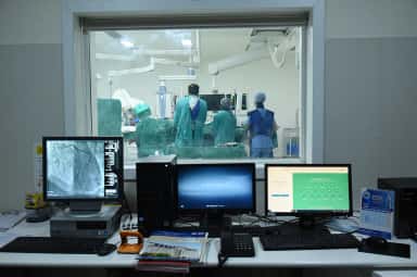 Cardiac catheterisation lab and control room at GCS Hospital, GCS Medical College, Ahmedabad