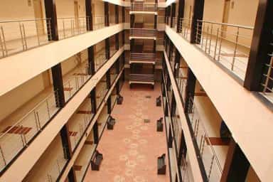 Multi-storey atrium inside the JJMMC hostel, Davangere