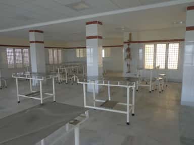 Anatomy dissection hall with stainless-steel dissection tables at Kamineni Academy of Medical Sciences, Hyderabad