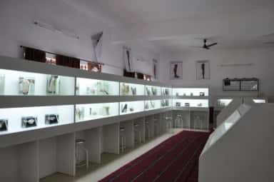 Anatomy museum gallery with backlit specimen shelves and anatomical charts, Kanachur Institute of Medical Sciences