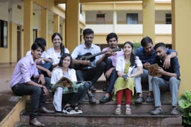 Students gathered on the steps of the KVG Medical College quadrangle at Kurunjibag, Sullia