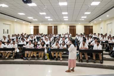 Students attending a lecture in the tiered gallery hall at Mamata Academy of Medical Sciences, Bachupally