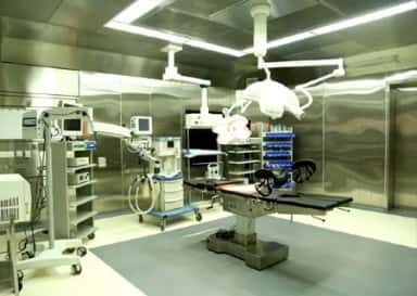 Modular operation theatre with surgical lights and anaesthesia equipment at the MAPIMS teaching hospital