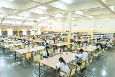 Students reading in the central library hall at MVJ Medical College, Bengaluru