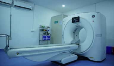 CT-scan machine in the radiology department of Neelima Hospitals teaching hospital