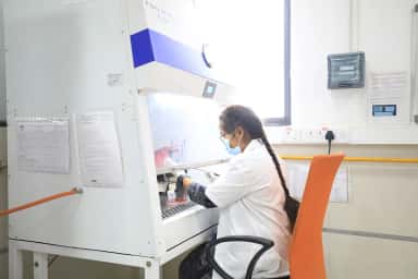 Lab work at a Class II biosafety cabinet at PES University Institute of Medical Sciences