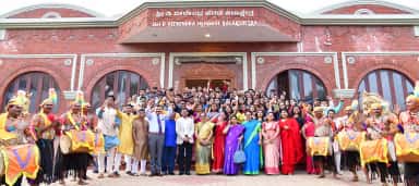 Students celebrating a cultural festival outside the Shri D Veerendra Heggade Kalakshetra on the SDM Dharwad campus