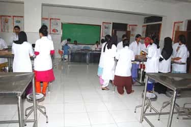 MBBS students in white coats during a practical session in the Anatomy department at Shadan Institute of Medical Sciences
