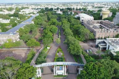 Aerial view of the tree-lined BLDE Association campus in Vijayapura that houses Shri B M Patil Medical College