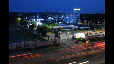 Night view of the Siddaganga Medical College campus from B.H. Road, Tumakuru