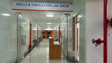 Entrance corridor of the SMCRI Skills and Simulation Lab with signage
