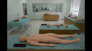 Full-body training mannequins in the skills and simulation lab at Siddaganga Medical College