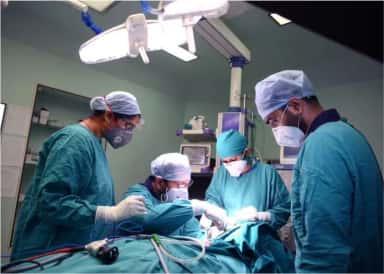 Surgical team operating under theatre lights at SMBT Hospital, the teaching hospital of SMBT Institute of Medical Sciences