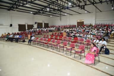 Students attending a session in the auditorium at Sri Chamundeshwari Medical College, Channapatna