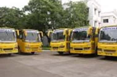 Fleet of college transport buses parked at Sri Muthukumaran Medical College, Chennai