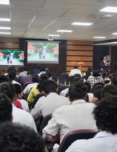 Students in a seminar hall during an academic event at Sri Muthukumaran Medical College, Chennai