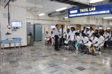 MBBS students in white coats at the Technology-Assisted Clinical Integrated Learning (TACIL) skills lab at Sri Ramachandra Medical College, Chennai