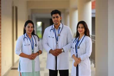 Three MBBS students in white coats with stethoscopes in a corridor at Takshashila Medical College