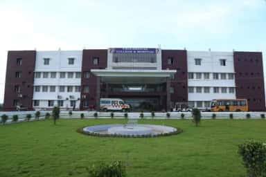 Front elevation of VELS Medical College & Hospital with lawn, fountain and ambulance, Tiruvallur