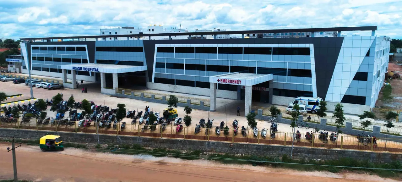 Aerial view of Akash Hospital, the teaching hospital of Akash Institute of Medical Sciences, Devanahalli