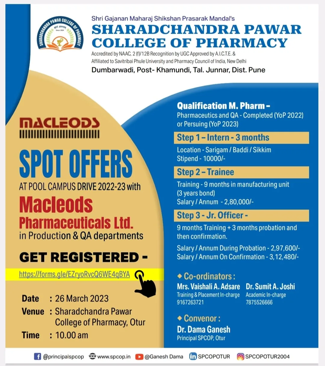 POOL CAMPUS DRIVE 2022-23 with Macleods Pharmaceutical Ltd. — Sharadchandra Pawar College of Pharmacy