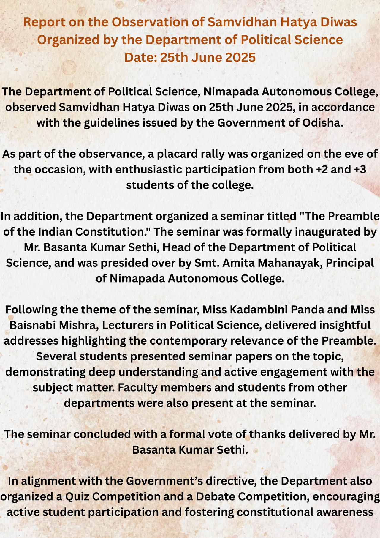 Report on the Observation of Samvidhan Hatya Diwas, 25th June 2025 — Nimapara Autonomous College