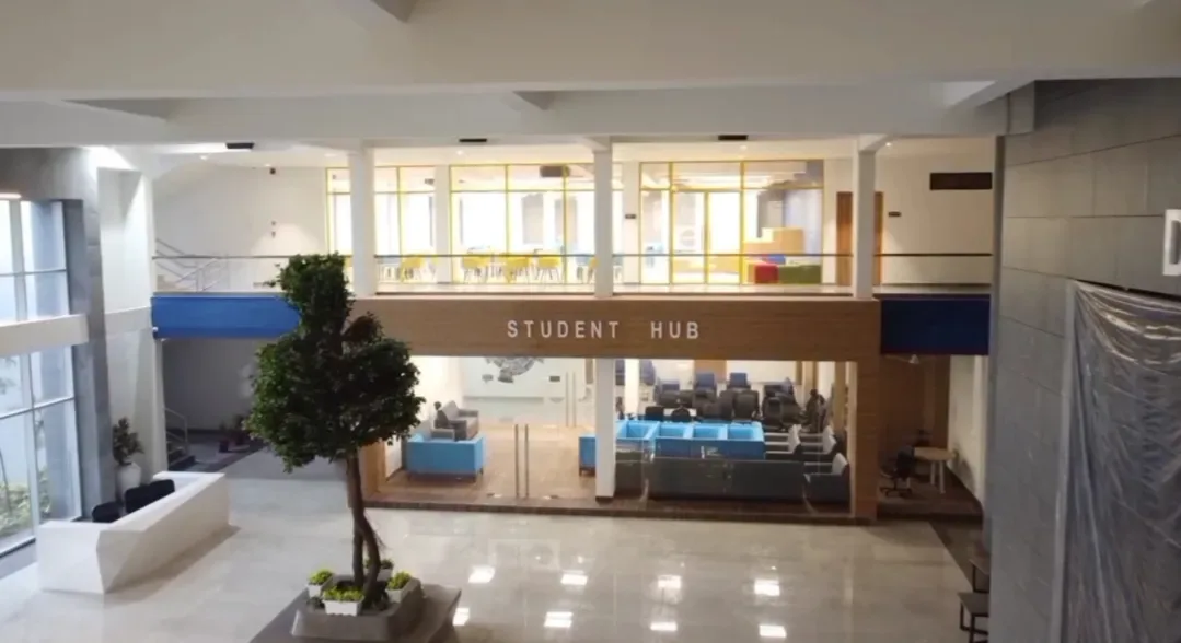 Double-height Student Hub lobby and seating lounge at Datta Meghe Medical College, Nagpur