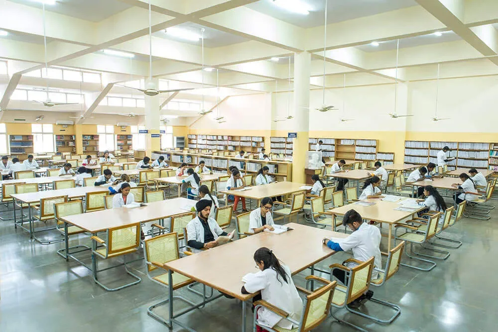 Students reading in the central library hall at MVJ Medical College, Bengaluru