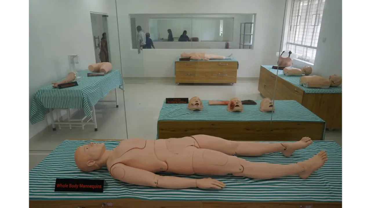 Full-body training mannequins in the skills and simulation lab at Siddaganga Medical College