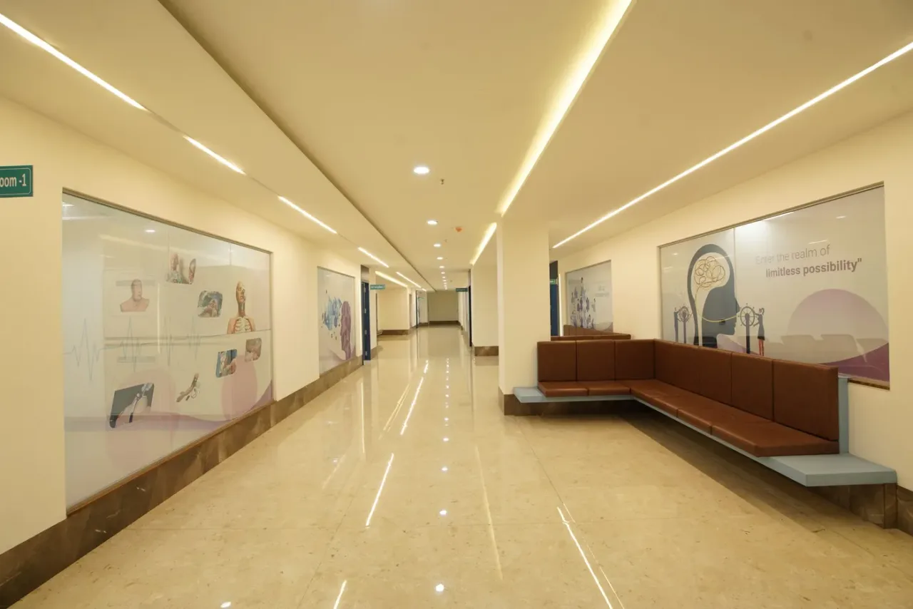 Corridor of the AIMS skill and simulation centre with clinical learning displays