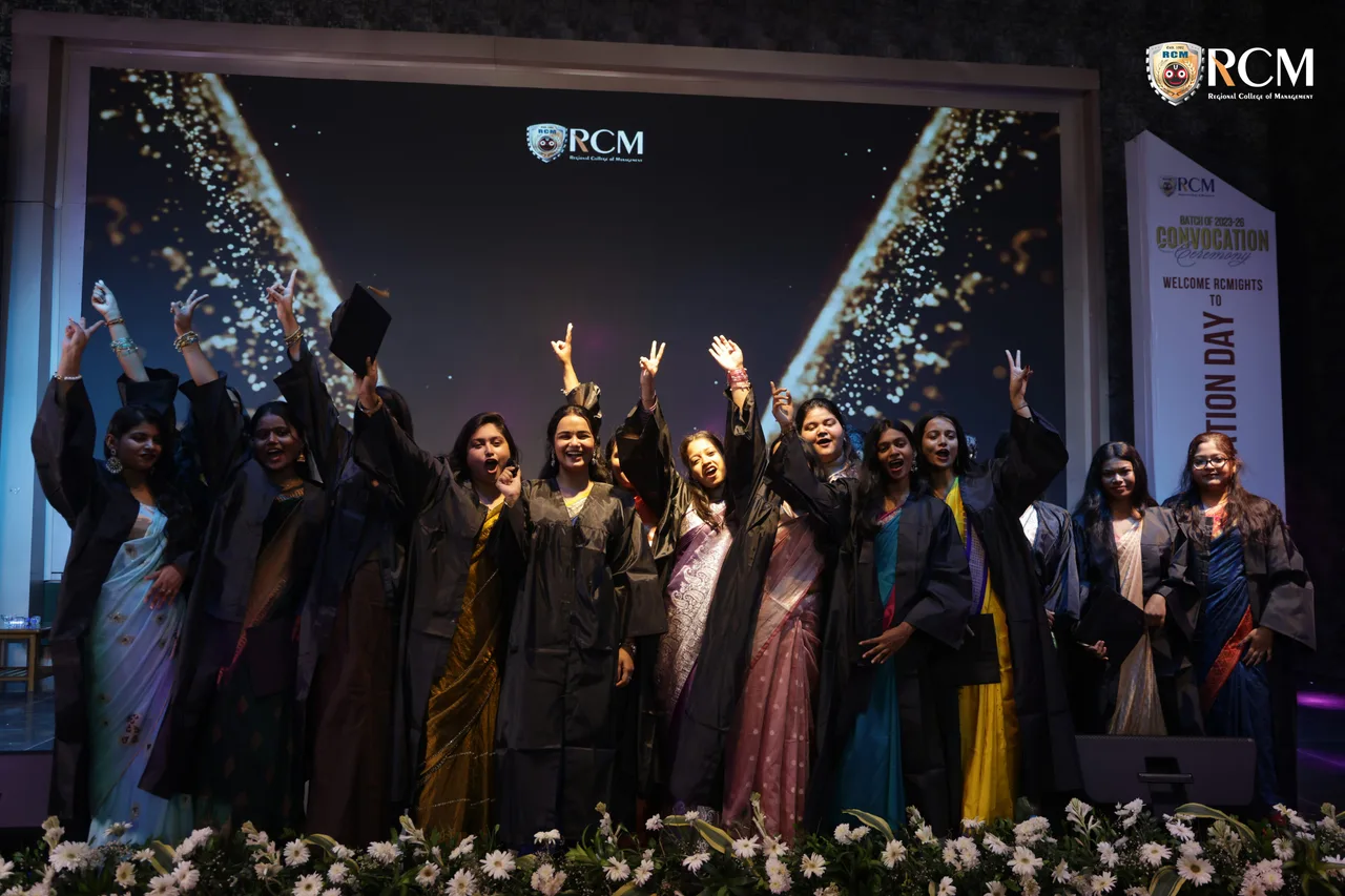 Students posing together after RCM UG Convocation 2026 graduation ceremony — Regional College of Management