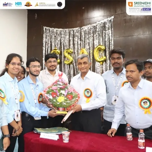 Dr Jayaprakash Narayana being welcomed by Civil Services Academy Club members — Sreenidhi Institute of Science and Technology