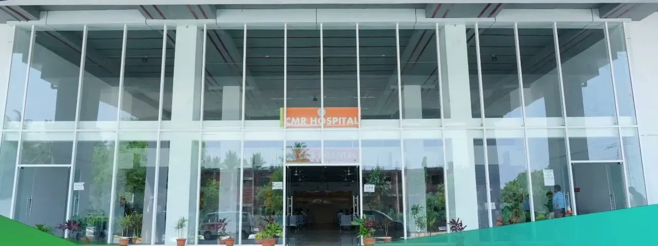 Glass-fronted entrance atrium of CMR Hospital at CMR Institute of Medical Sciences, Kandlakoya