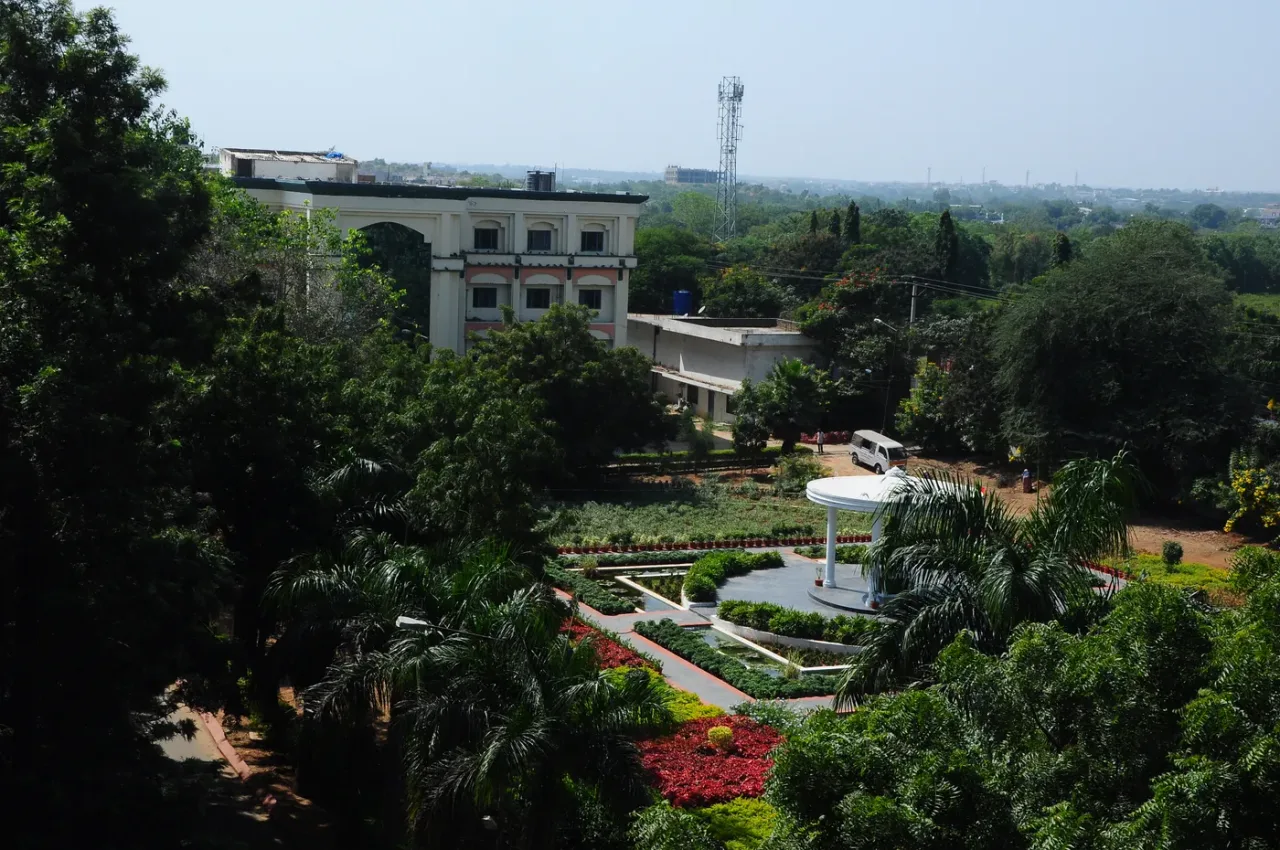 Aerial view of the landscaped Bhaskar Medical College campus at Yenkapally with gardens and gazebo