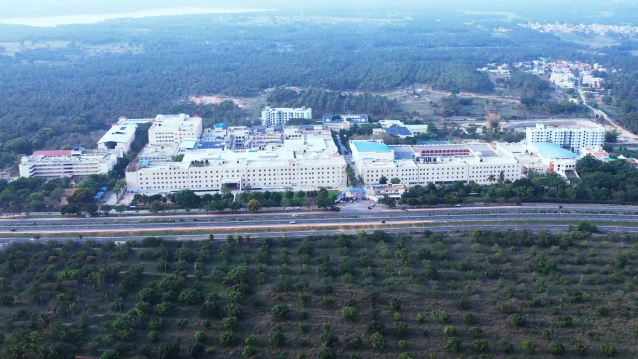 Aerial view of the Adichunchanagiri University and AIMS campus at B.G. Nagara beside National Highway 75