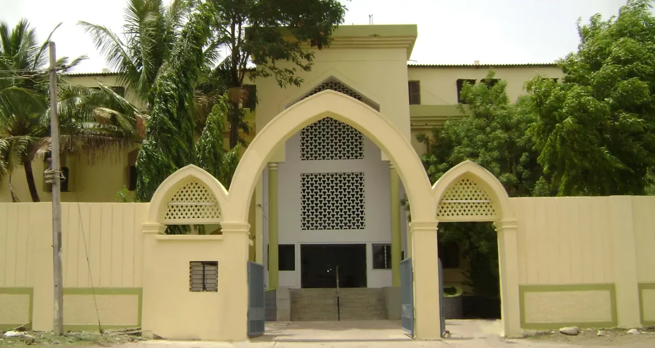 Hostel building with arched gateway on the KBN University campus, Kalaburagi