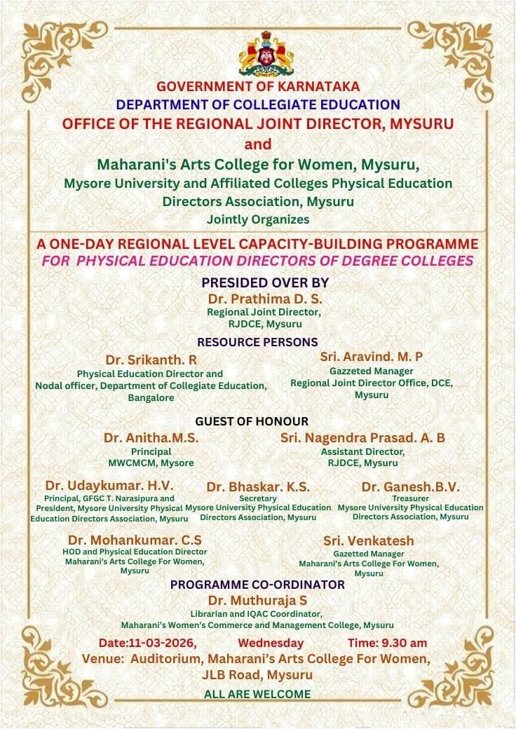 One -day regional level capacity Building Programme For Physical Education Directors of Degree Colleges — Maharani's Arts College for Women, Mysore
