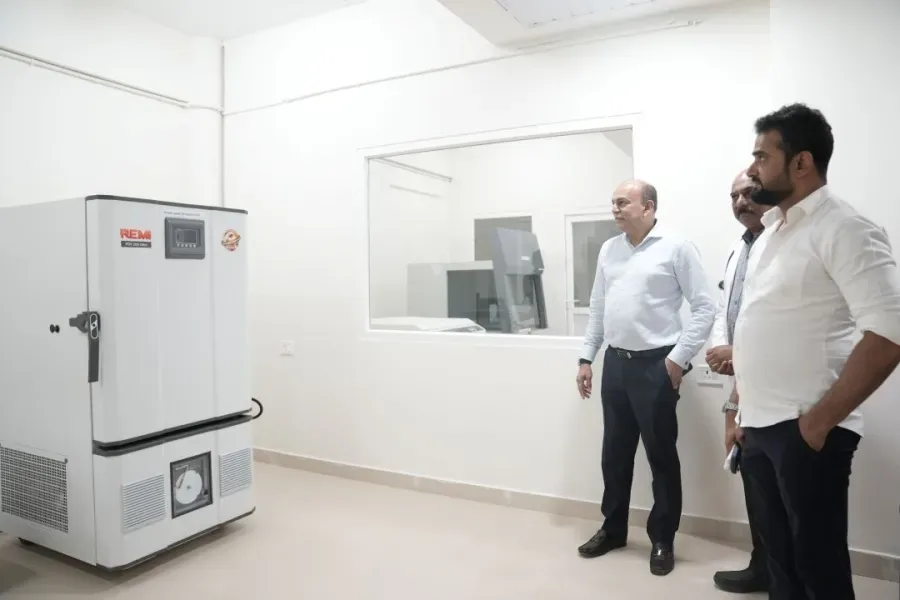 Blood centre laboratory at FAME Hospital with deep freezer and viewing window